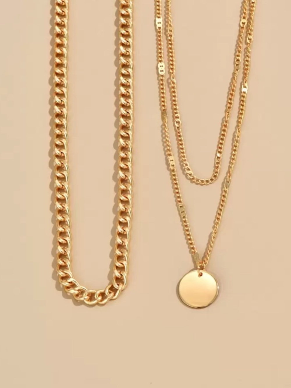 18 Gold Plated Stainless Steel 3pc Rope Layered Disc Necklace Set - Picture 2 of 3